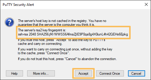 PuTTY: Accepting the SSH server key