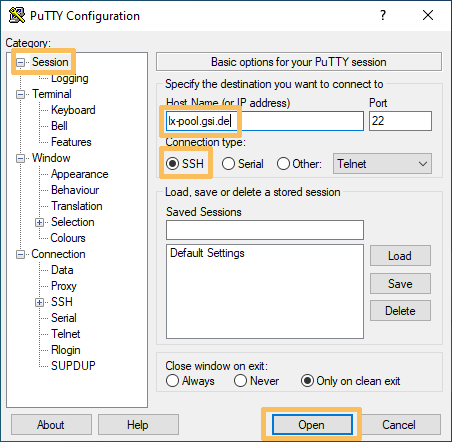 PuTTY: Create a SSH connection